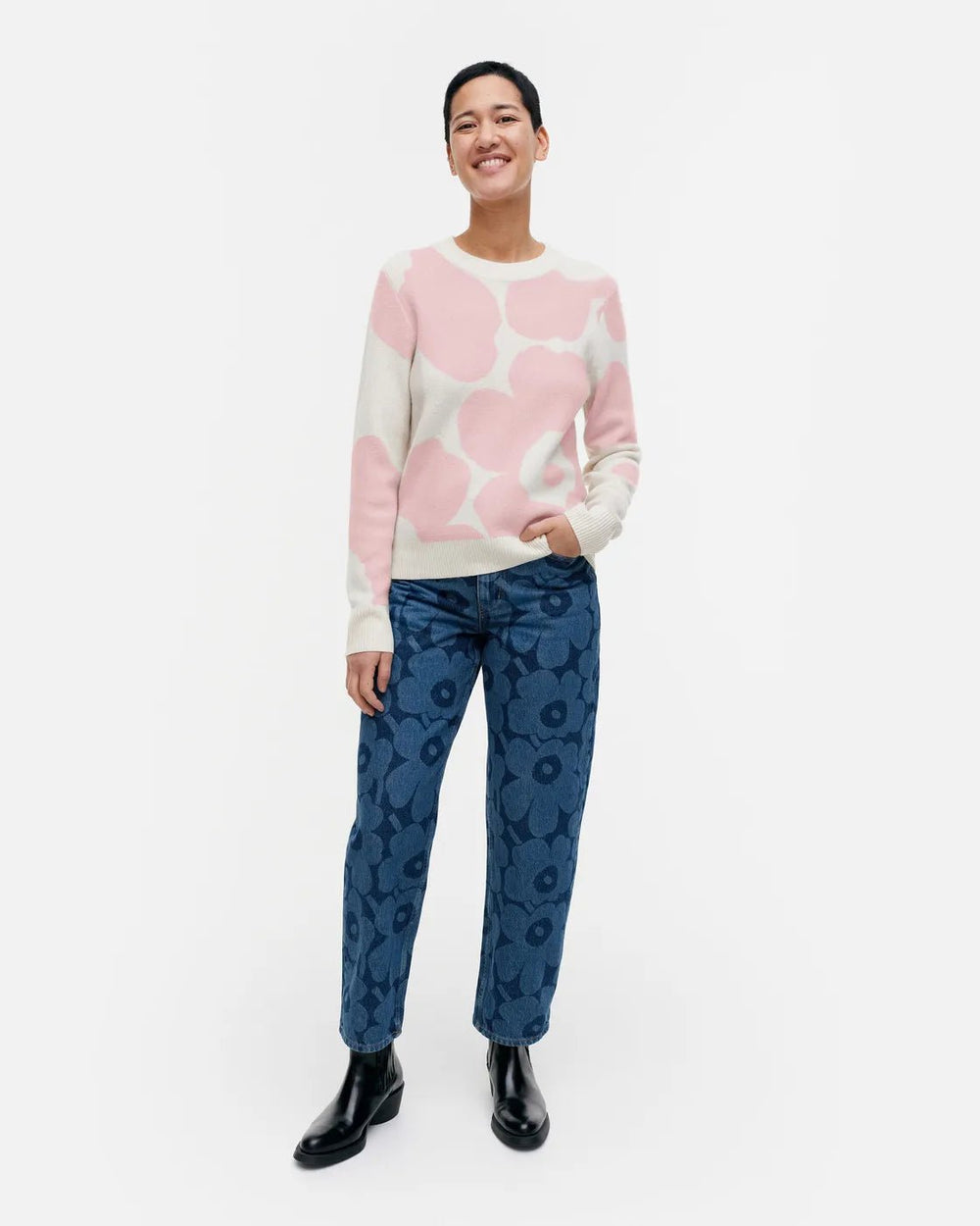 Aukio Unikko Cashmere Sweater | White, Pink - pirkko. Marimekko