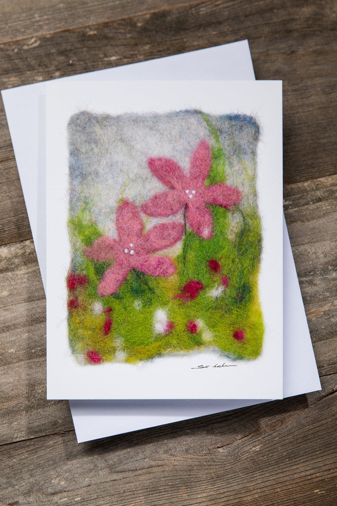 Finnish Felted Cards Pink Flowers - pirkko. pirkko.