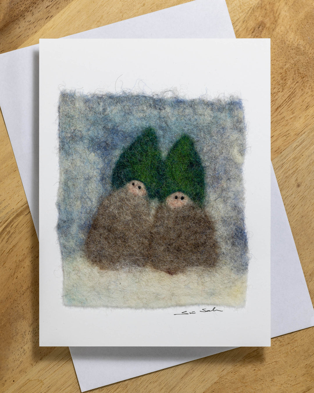 Finnish Felted Cards: Two Elves w/ Green Hats - pirkko. pirkko.