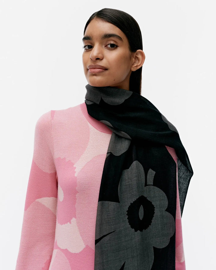 Fiore Juhla Unikko Wool Scarf | Black, Dark Grey | 28" x 72" - pirkko. Marimekko