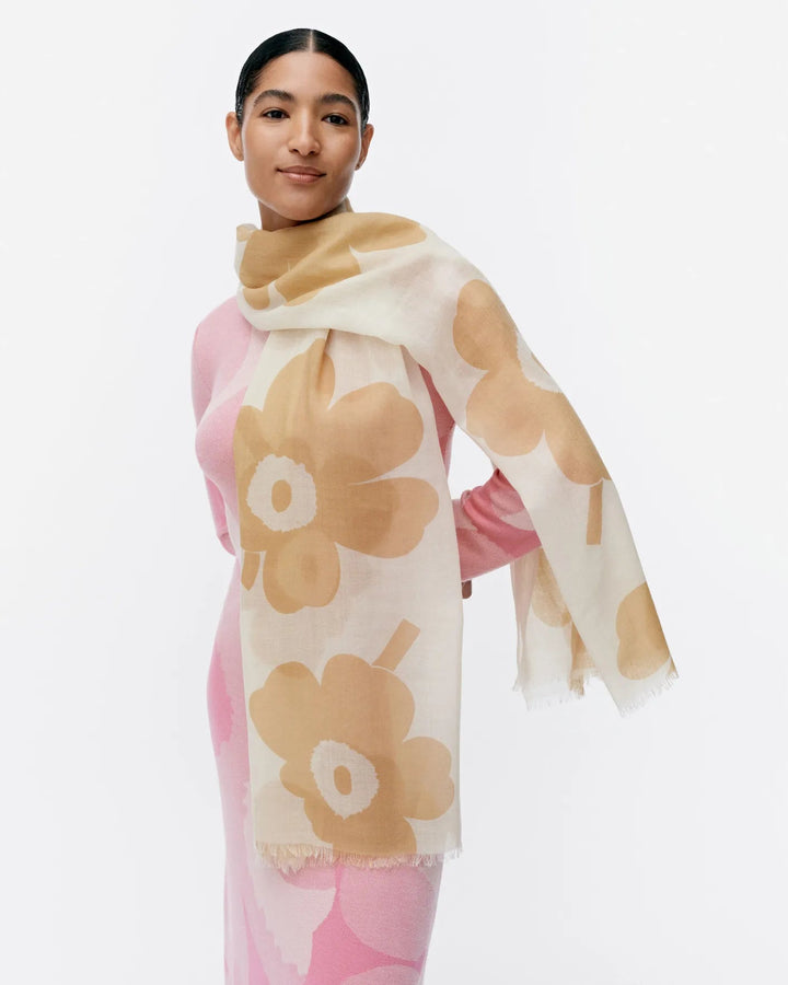 Fiore Juhla Unikko Wool Scarf | Soft Yellow, Off - white | 28" x 72" - pirkko. Marimekko