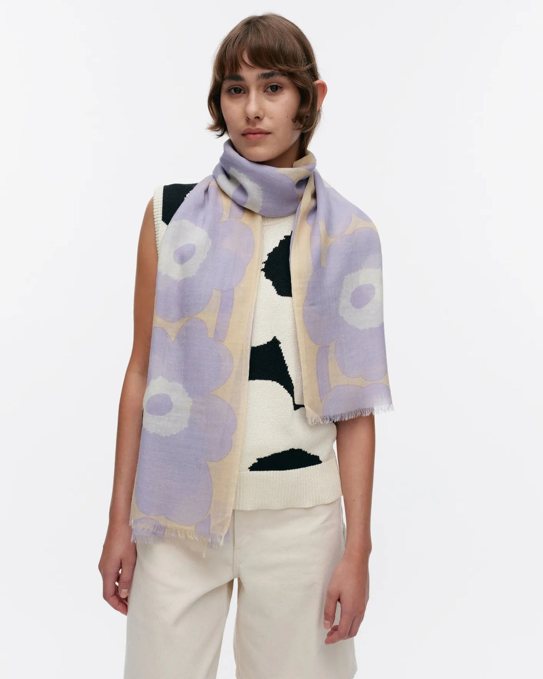 Fiore Unikko Wool Scarf | Cream, Lavender | 28" x 72" - pirkko. Marimekko