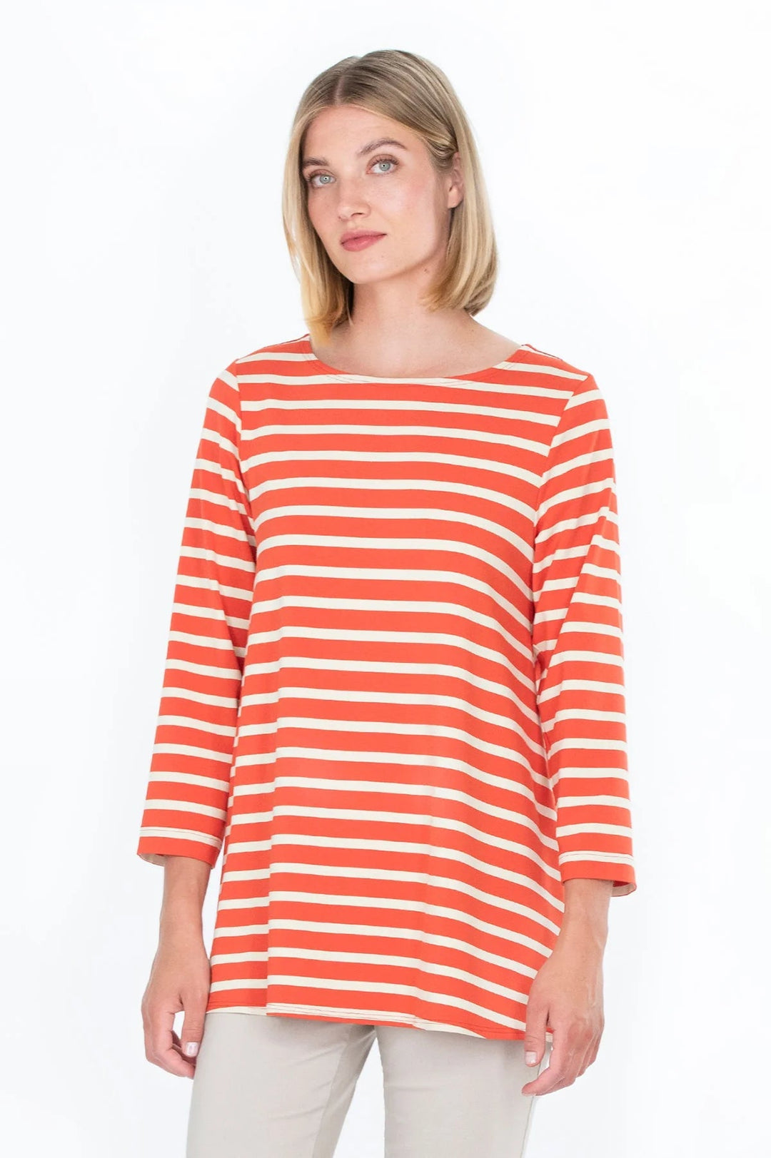 Hiekka 3/4 Sleeve Viscose Jersey Tunic, Orange/ Off White - pirkko. Falla Finland