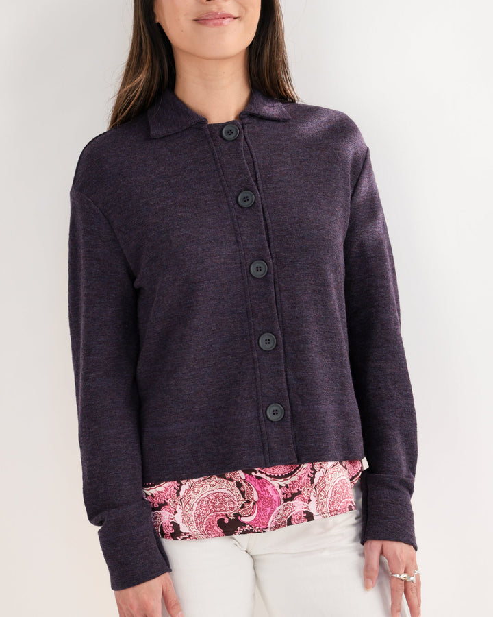 Light Weight Merino Rib Cardigan, Plum Melange - pirkko. by basics