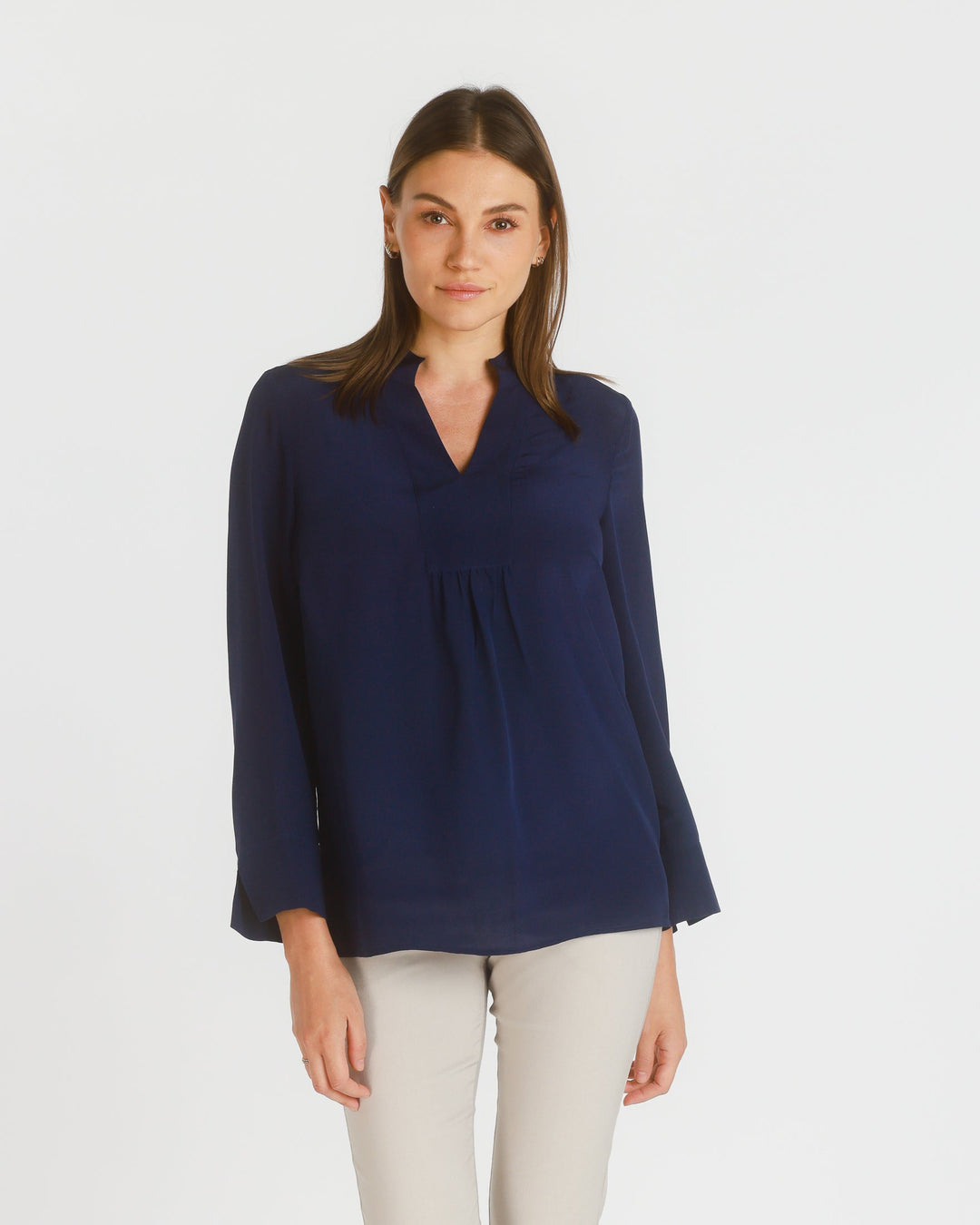 Long Sleeve Stretch Silk Popover Tunic, Dark Navy - pirkko. PBO