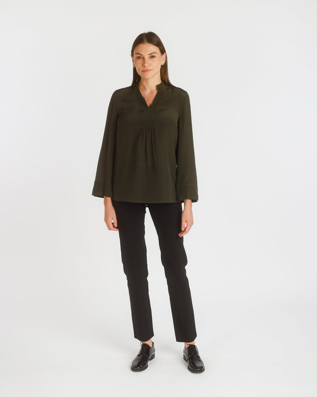 Long Sleeve Stretch Silk Popover Tunic, Dark Olive - pirkko. PBO