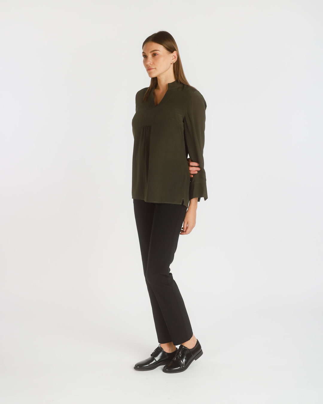 Long Sleeve Stretch Silk Popover Tunic, Dark Olive - pirkko. PBO