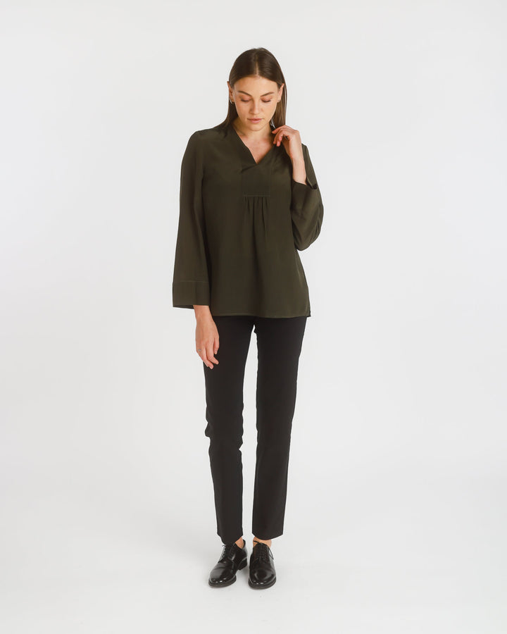 Long Sleeve Stretch Silk Popover Tunic, Dark Olive - pirkko. PBO