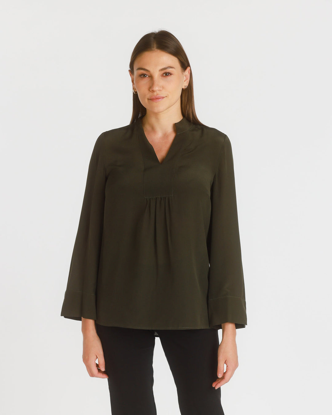 Long Sleeve Stretch Silk Popover Tunic, Dark Olive - pirkko. PBO