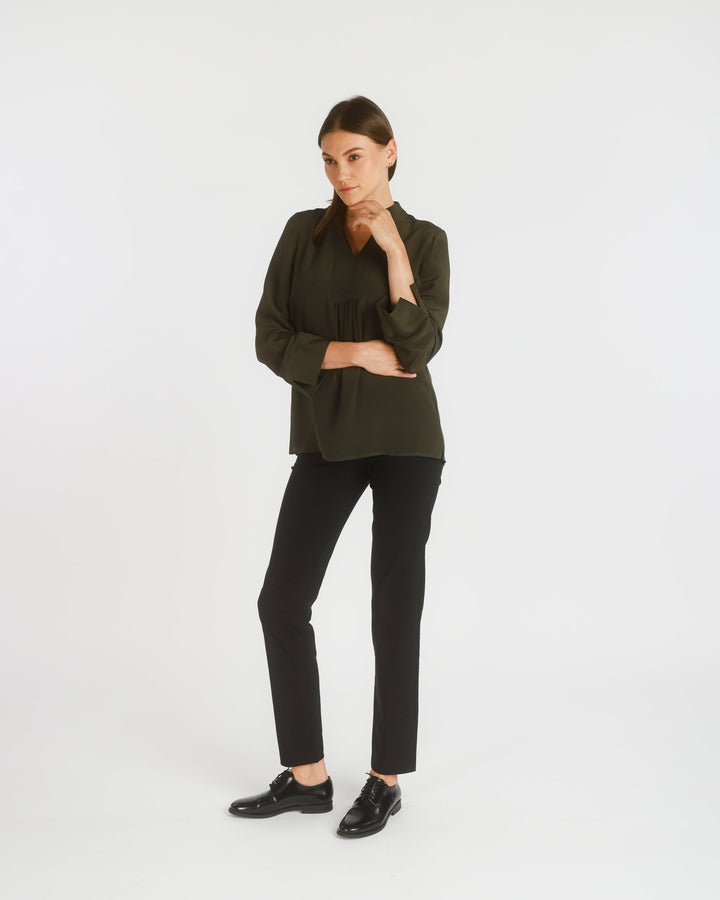 Long Sleeve Stretch Silk Popover Tunic, Dark Olive - pirkko. PBO