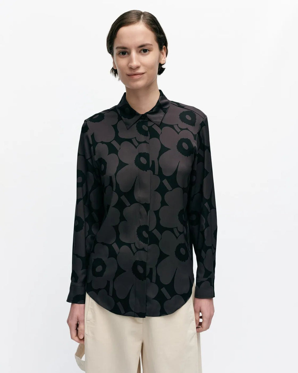 Maija Unikko Stretch Silk Shirt | Black/ Dark Grey - pirkko. Marimekko