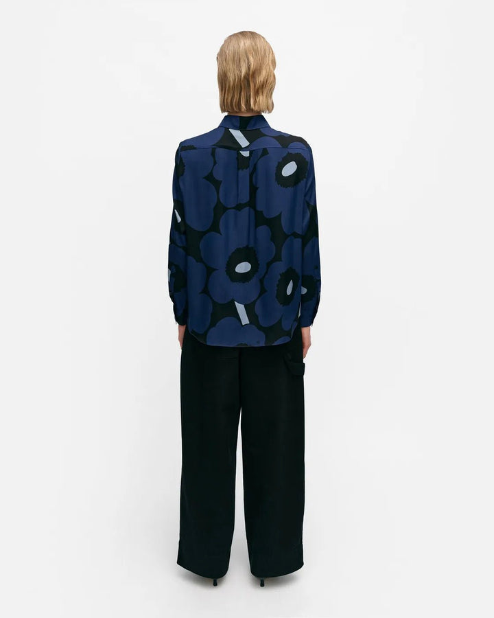 Maija Unikko Stretch Silk Shirt | Dark Blue/Black - pirkko. Marimekko