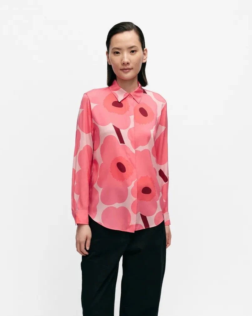 Maija Unikko Stretch Silk Shirt | Pink/Coral - pirkko. Marimekko