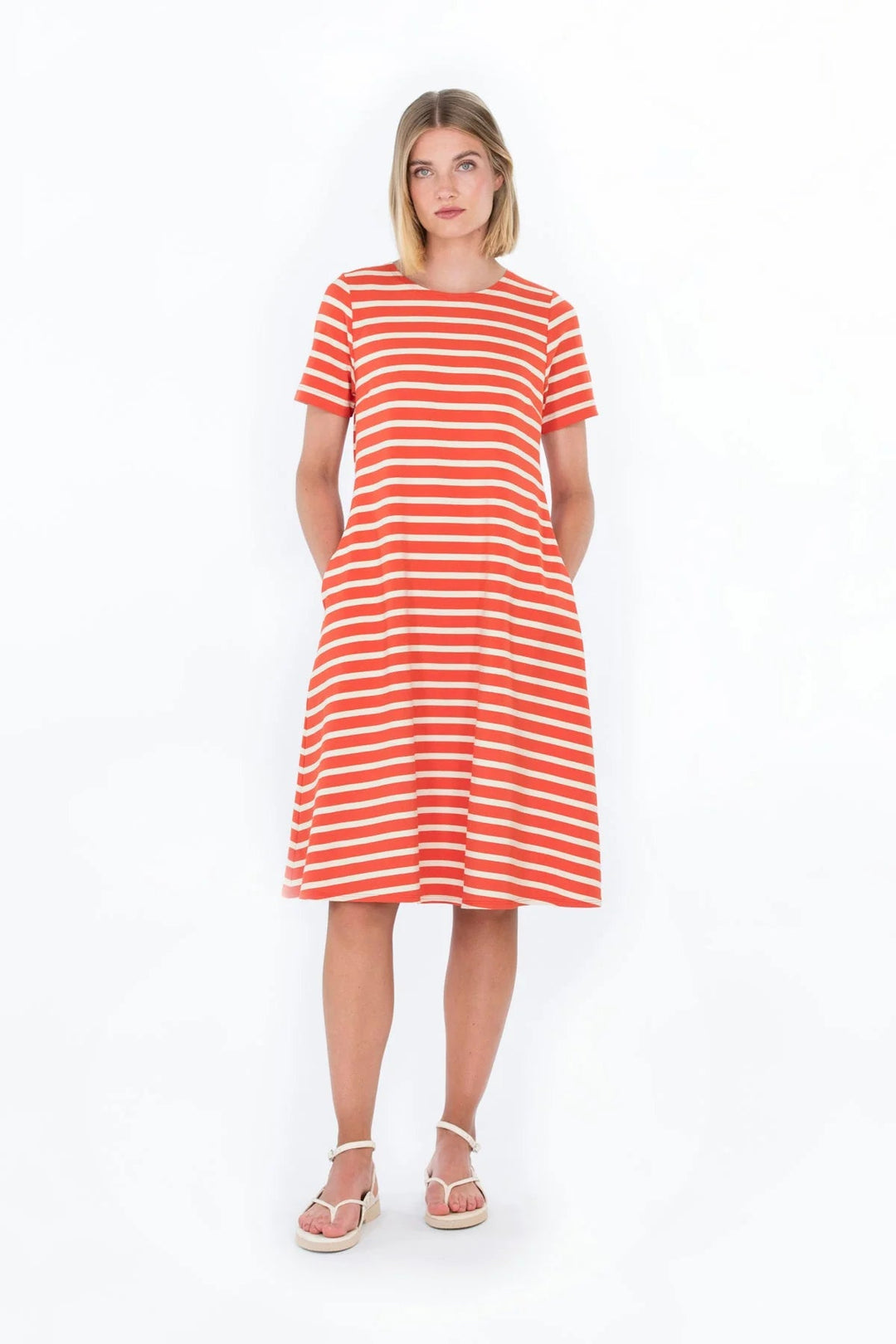 Maininki Viscose Jersey Short Sleeve Stripe Dress, Orange/ Off White - pirkko. Marimekko