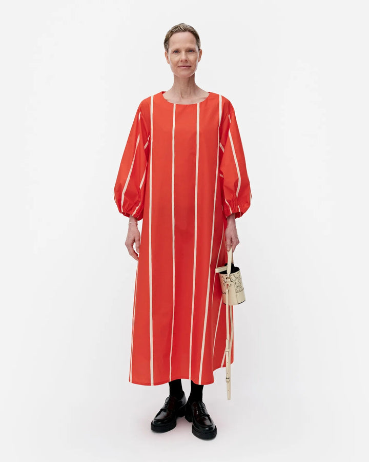 Marimekko | Blomma Puhveli Belted Cotton Dress | Orange, White - pirkko. Marimekko