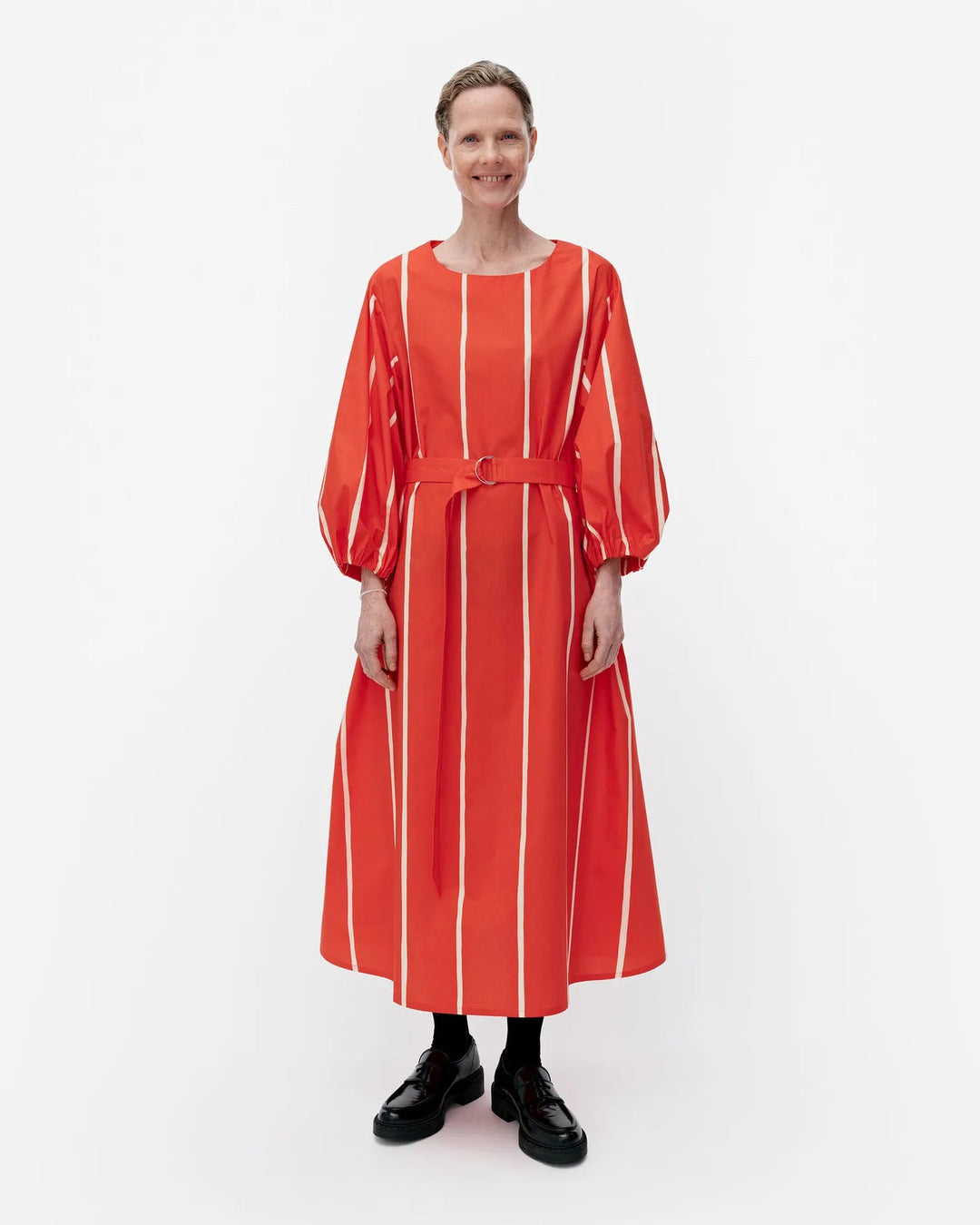 Marimekko | Blomma Puhveli Belted Cotton Dress | Orange, White - pirkko. Marimekko