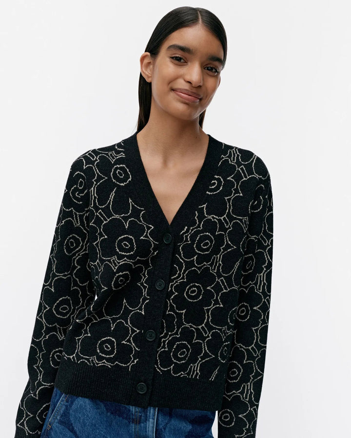 Marimekko | Eilinen Piirto Unikko Wool Cardigan | Black, White - pirkko. Marimekko