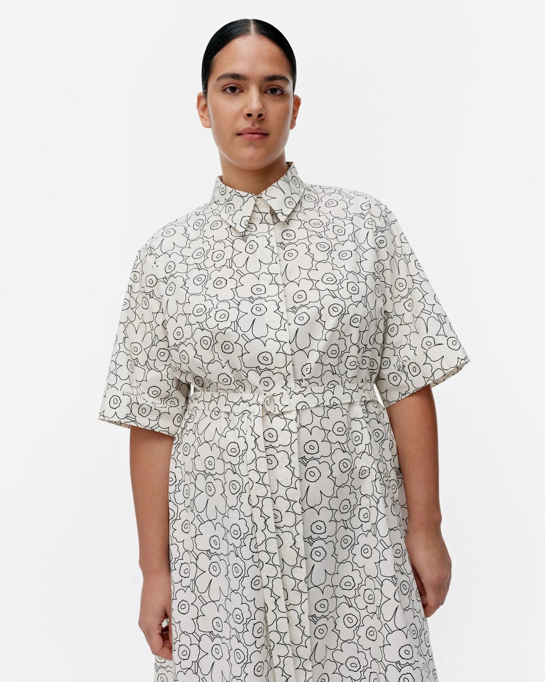 Marimekko | Piirto Unikko Poplin Belted Shirt Dress | White, Black - pirkko. Marimekko