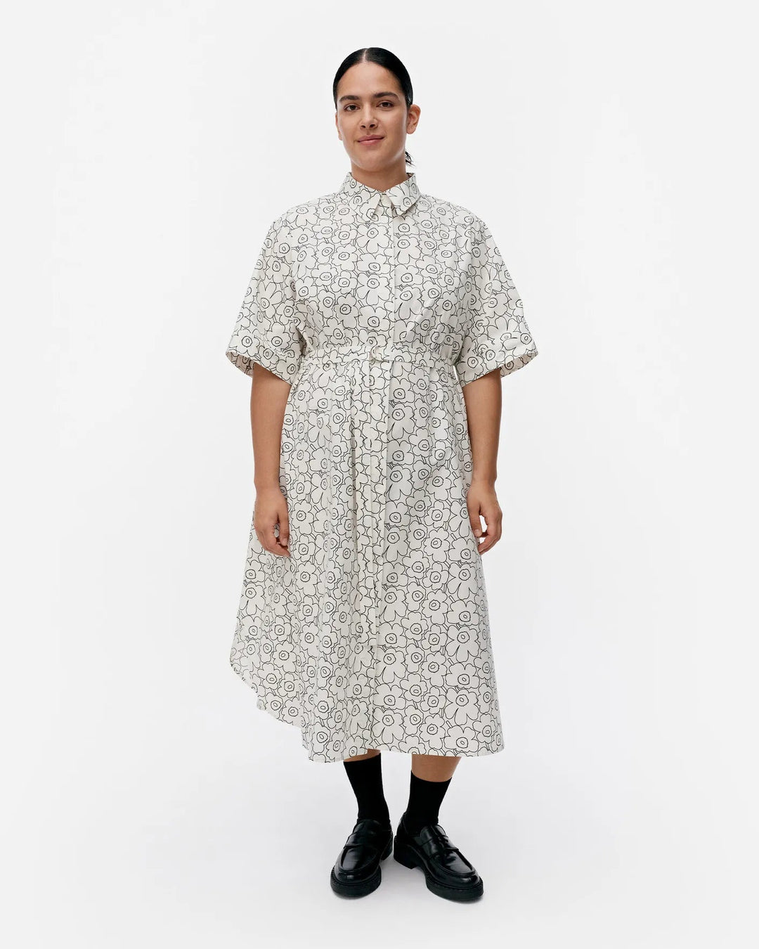 Marimekko | Piirto Unikko Poplin Belted Shirt Dress | White, Black - pirkko. Marimekko