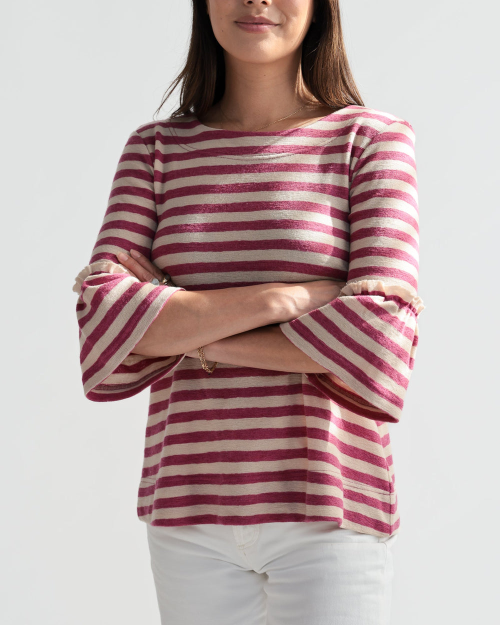 Merino Stripe w/ Trumpet Cuff. Almond Milk/Camelia Mel. - pirkko. by basics