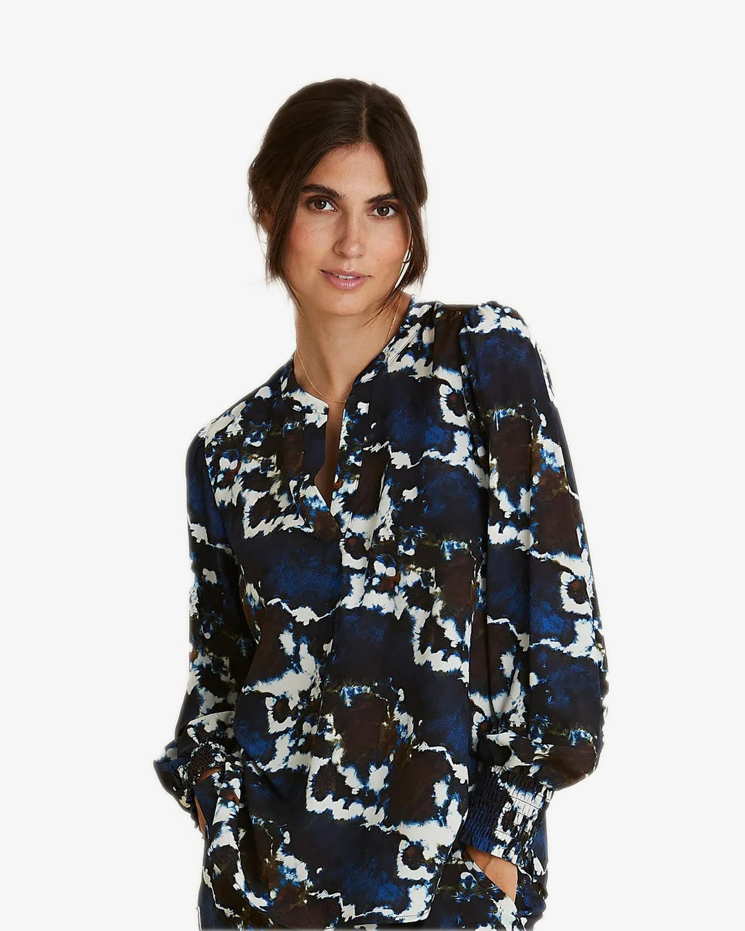 PBO | Hartland Long Sleeve Stretch Silk Tunic | Navy, Brown, White - pirkko. PBO