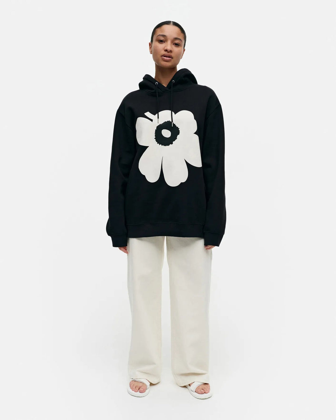 Runoja Unikko Cotton Fleece Hoodie | Black, White - pirkko. Marimekko