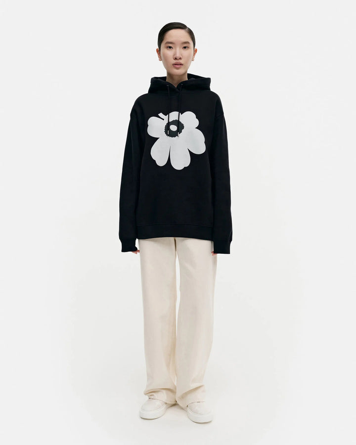 Runoja Unikko Cotton Fleece Hoodie | Black, White - pirkko. Marimekko